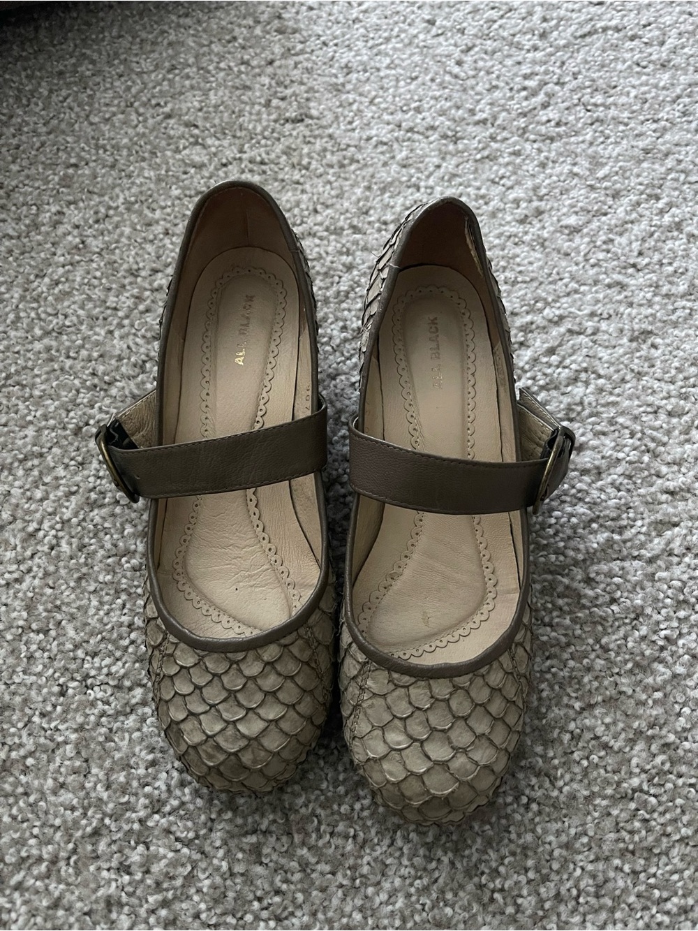 Neutral Scaled Mary Jane Flats with Buckle Strap